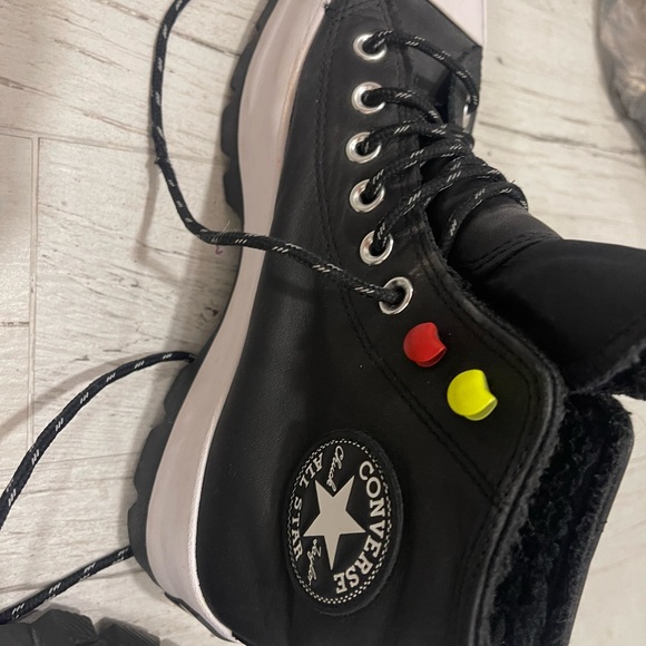 Converse Black and White leather High-Tops with Yellow and red Accent!Beautiful - Picture 4 of 14